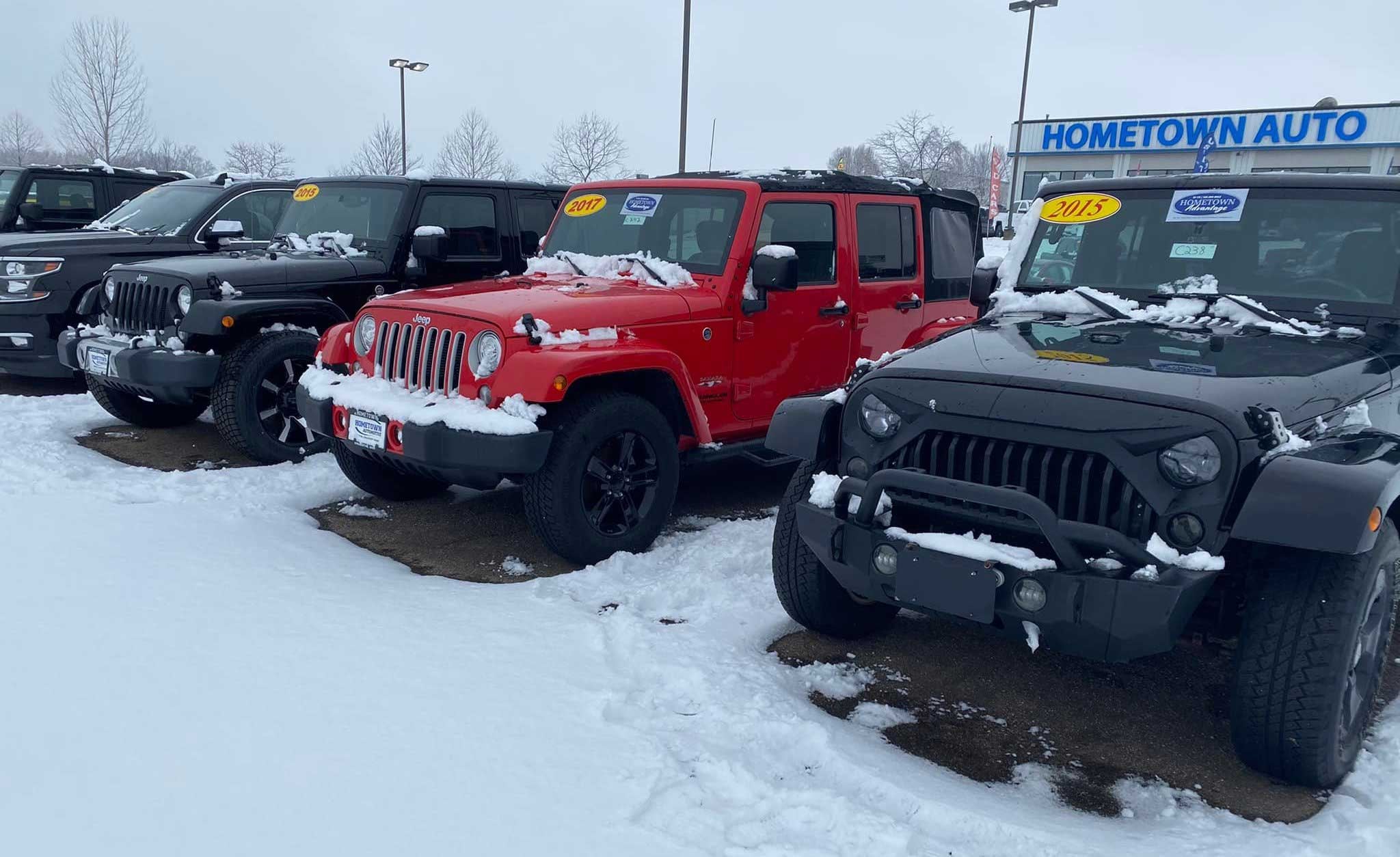 A lineup of used Jeeps outside of Hometown CPO in Ironton, OH